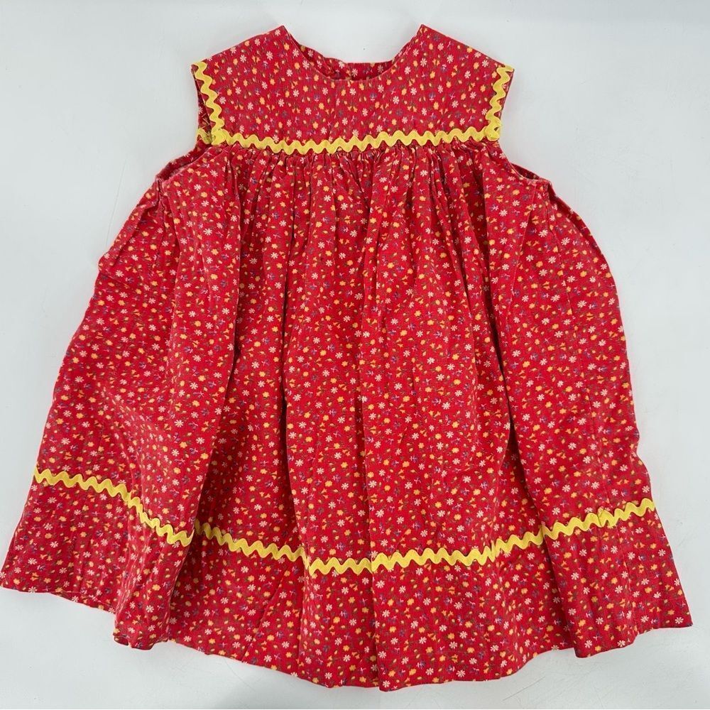 Vintage Handmade Girls Red Floral Dress 18–24M Yellow Rickrack Trim